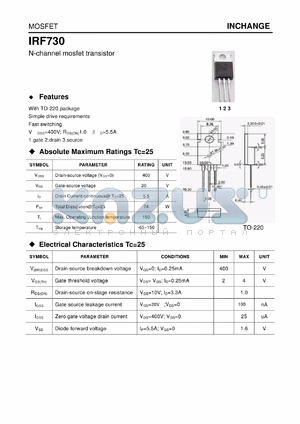 IRF730 datasheet - N-channel mosfet transistor