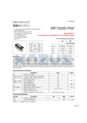 IRF7335D1PBF datasheet - Dual FETKY Co-Packaged Dual MOSFET Plus Schottky Diode