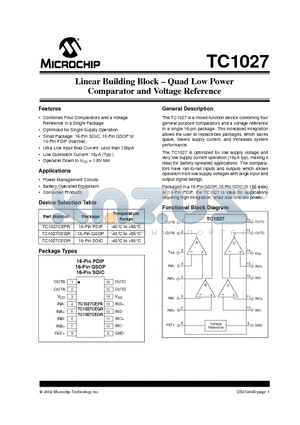 TC1027 datasheet - Linear Building Block - Quad Low Power Comparator and Voltage Reference