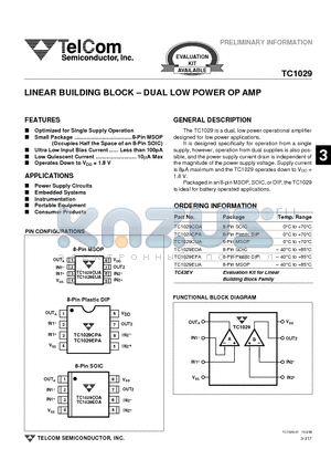 TC1029 datasheet - LINEAR BUILDING BLOCK - DUAL LOW POWER OP AMP