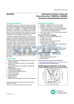 MAX2022ETX_12 datasheet - High-Dynamic-Range, Direct Up/ Downconversion 1500MHz to 3000MHz Quadrature Modulator/Demodulator