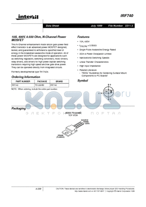 IRF740 datasheet - 10A, 400V, 0.550 Ohm, N-Channel Power MOSFET