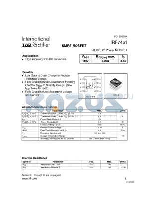 IRF7451 datasheet - Power MOSFET(Vdss=150V, Rds(on)max=0.09ohm, Id=3.6A)