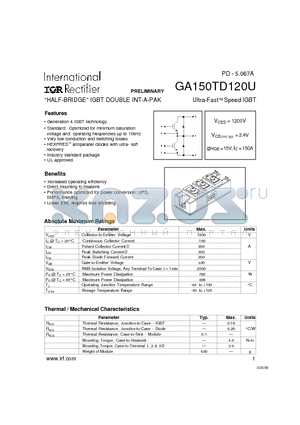 GA150TD120U datasheet - HALF-BRIDGE IGBT DOUBLE INT-A-PAK  Ultra-FastTM Speed IGBT