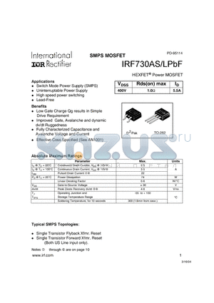 IRF730ASPBF datasheet - HEXFET Power MOSFET (SMPS MOSFET)