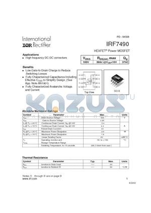 IRF7490 datasheet - HEXFET Power MOSFET