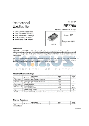 IRF7750 datasheet - Power MOSFET(Vdss=-20V, Rds(on)=0.030ohm)