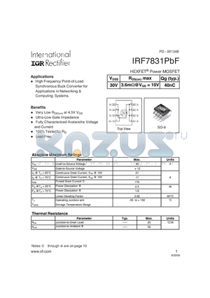 IRF7831PBF datasheet - HEXFET Power MOSFET ( VDSS = 30V , RDS(on)max = 3.6mY@VGS = 10V , Qg(typ.) = 40nC )