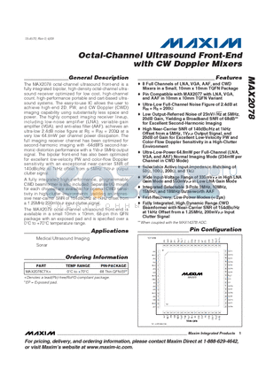 MAX2078CTK+ datasheet - Octal-Channel Ultrasound Front-End with CW Doppler Mixers