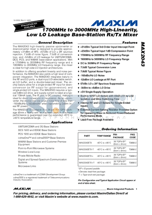 MAX2043ETX-T datasheet - 1700MHz to 3000MHz High-Linearity, Low LO Leakage Base-Station Rx/Tx Mixer