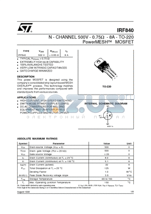 IRF840 datasheet - N - CHANNEL 500V - 0.75ohm - 8A - TO-220 PowerMESH] MOSFET