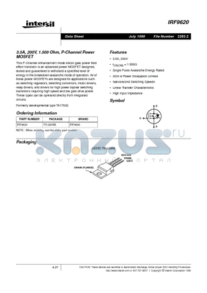 IRF9620 datasheet - 3.5A, 200V, 1.500 Ohm, P-Channel Power MOSFET