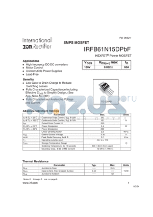 IRFB61N15DPBF datasheet - HEXFET Power MOSFET