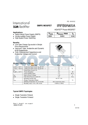 IRFB9N65 datasheet - Power MOSFET(Vdss=650V, Rds(on)max=0.93ohm, Id=8.5A)