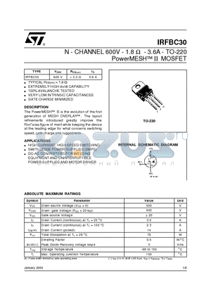 IRFBC30 datasheet - N - CHANNEL 600V - 1.8 ohm - 3.6A - TO-220 PowerMESH]II  MOSFET