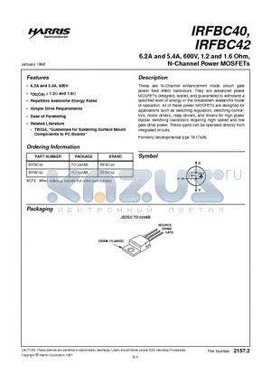 IRFBC42 datasheet - 6.2A and 5.4A, 600V, 1.2 and 1.6 Ohm, N-Channel Power MOSFETs