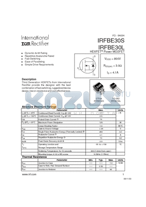 IRFBE30S datasheet - HEXFET^ Power MOSFET