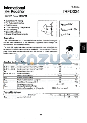 IRFD024 datasheet - Power MOSFET(Vdss=60V, Rds(on)=0.10ohm, Id=2.5A)