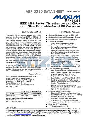 MAX24288 datasheet - IEEE 1588 Packet Timestamper and Clock and 1Gbps Parallel-to-Serial MII Converter