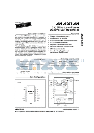 MAX2452 datasheet - 3V, Ultra-Low-Power Quadrature Modulator