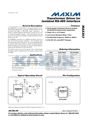 MAX253CPA datasheet - Transformer Driver for Isolated RS-485 Interface