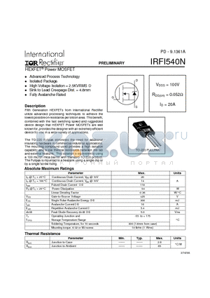 IRFI540N datasheet - Power MOSFET(Vdss=100V, Rds(on)=0.052ohm, Id=20A)