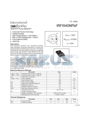 IRFI540NPBF datasheet - HEXFET Power MOSFET