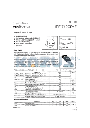 IRFI740GPBF datasheet - HEXFET Power MOSFET