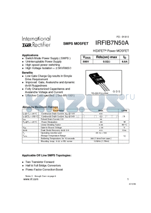 IRFIB7N50A datasheet - Power MOSFET(Vdss=500V, Rds(on)max=0.52ohm, Id=6.6A)