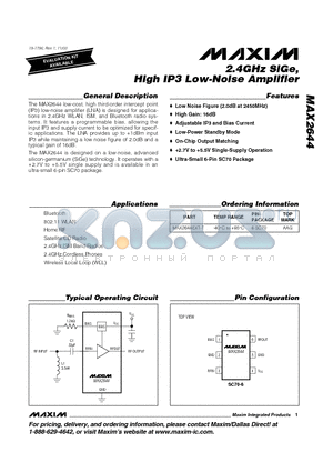 MAX2644EXT-T datasheet - 2.4GHz SiGe, High IP3 Low-Noise Amplifier