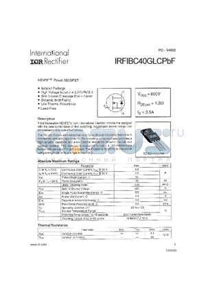 IRFIBC40GLCPBF datasheet - HEXFET Power MOSFET