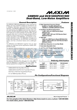 MAX2652 datasheet - GSM900 and DCS1800/PCS1900 Dual-Band, Low-Noise Amplifiers