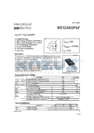 IRFIZ48GPBF datasheet - HEXFET^ Power MOSFET