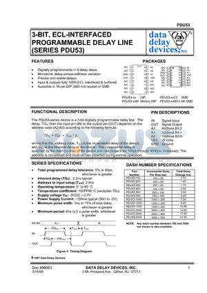 PDU53-2000 datasheet - 3-BIT, ECL-INTERFACED PROGRAMMABLE DELAY LINE (SERIES PDU53)