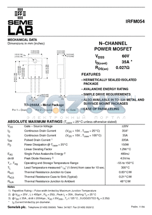 IRFM054 datasheet - N-CHANNEL POWER MOSFET