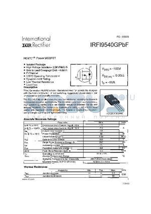 IRFI9540GPBF datasheet - HEXFET^ Power MOSFET