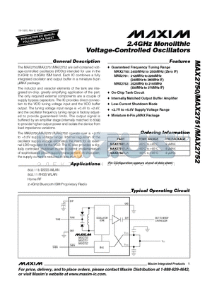 MAX2751 datasheet - 2.4GHz Monolithic Voltage-Controlled Oscillators