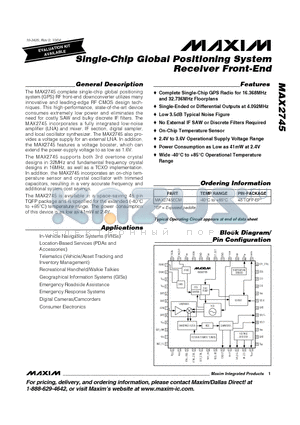 MAX2745 datasheet - Single-Chip Global Positioning System Receiver Front-End