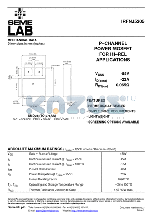 IRFNJ5305 datasheet - PCHANNEL POWER MOSFET