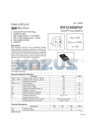 IRFIZ46NPBF datasheet - HEXFET^ Power MOSFET