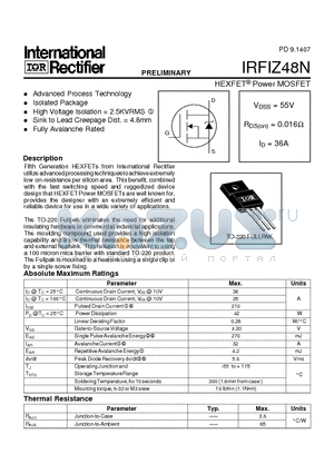 IRFIZ48 datasheet - Power MOSFET(Vdss=55V, Rds(on)=0.016ohm, Id=36A)