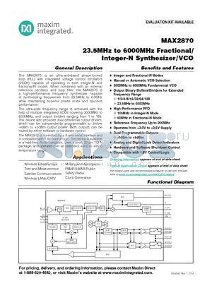 MAX2870ETJ+ datasheet - 23.5MHz to 6000MHz Fractional/Integer-N Synthesizer/VCO