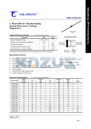 TC1N4731A datasheet - 1 Watt DO-41 Hermetically Sealed Glass Zener Voltage Regulators