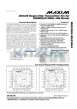 MAX2901 datasheet - 200mW Single-Chip Transmitter ICs for 868MHz/915MHz ISM Bands