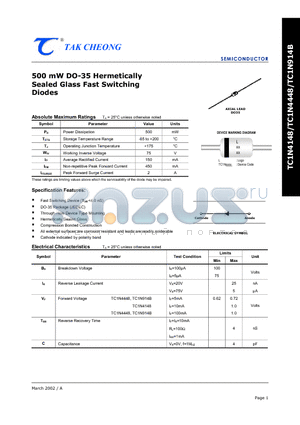 TC1N914BXXXX datasheet - 500 mW DO-35 Hermetically Sealed Glass Fast Switching Diodes