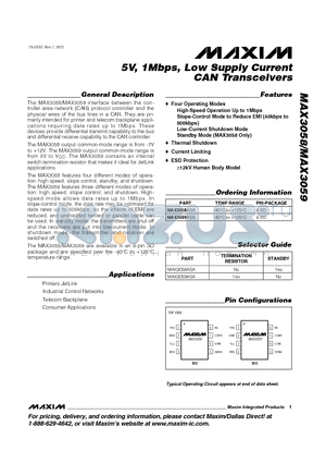 MAX3059ASA datasheet - 5V, 1Mbps, Low Supply Current CAN Transceivers