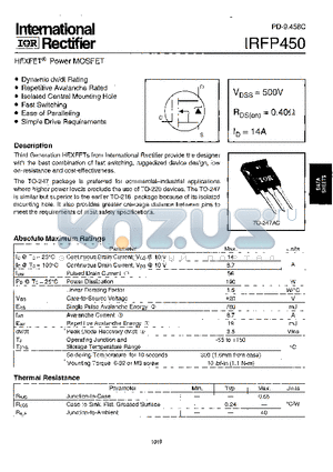 IRFP450 datasheet - Power MOSFET(Vdss=500V, Rds(on)=0.40ohm, Id=14A)