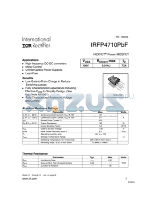 IRFP4710PBF datasheet - HEXFETPower MOSFET