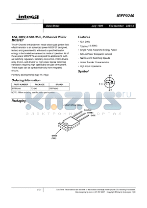 IRFP9240 datasheet - 12A, 200V, 0.500 Ohm, P-Channel Power MOSFET