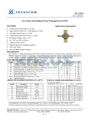 TC2381 datasheet - Low Noise and Medium Power Packaged GaAs FETs